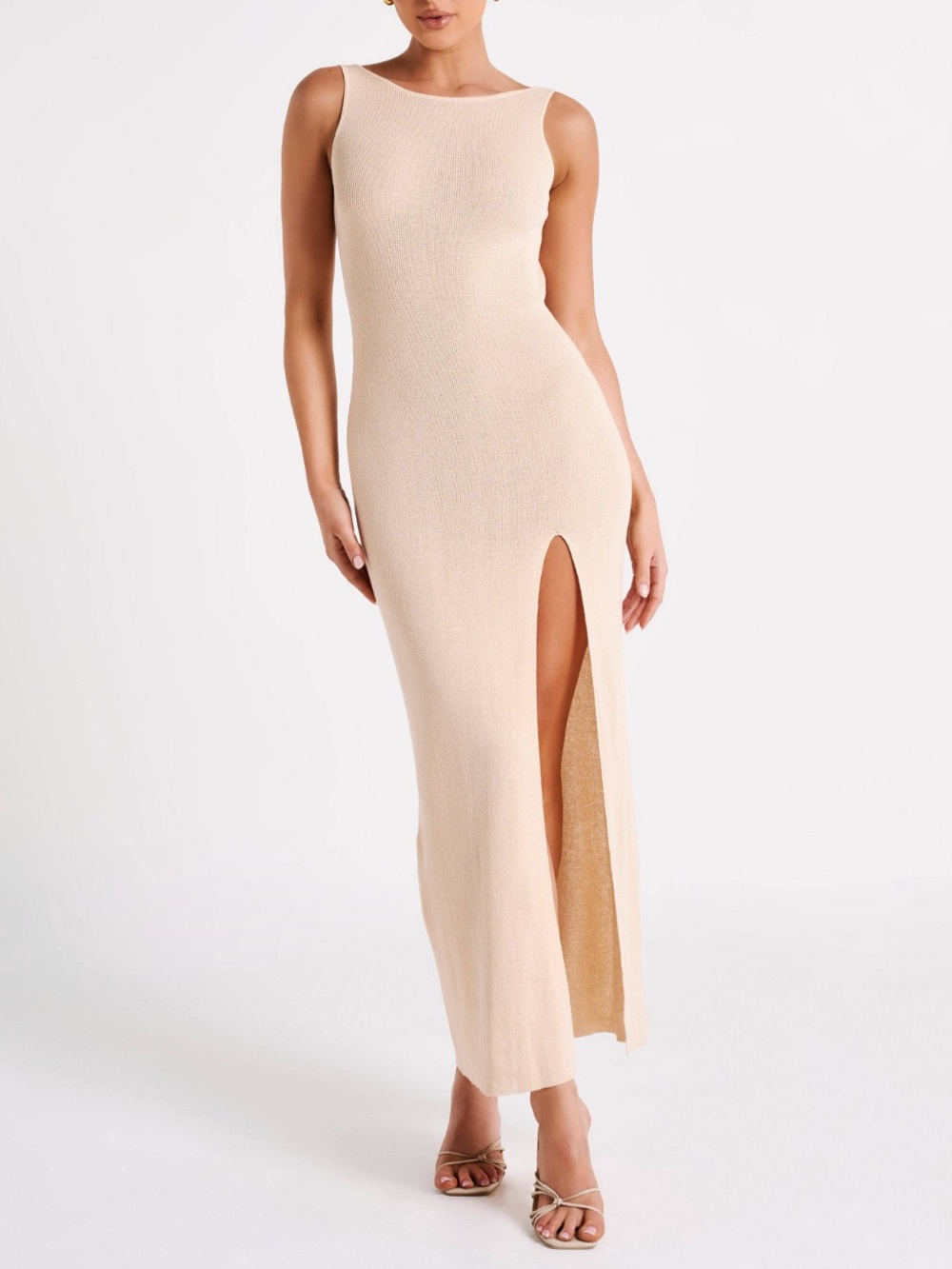 Meshki Maxine Sheer Knit Sleeveless Low Back Fitted Maxi Dress Tan Wheat XS